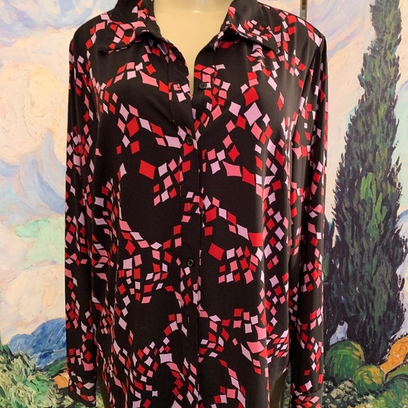 Lane Bryant Black Print Button Long Sleeve Top - Picture 1 of 6